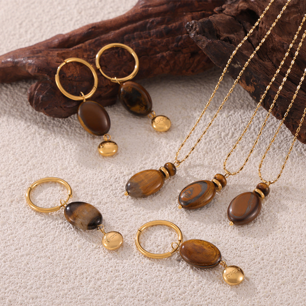 Temperament Versatile Elegant Lucky Niche Jewelry Tiger’s Eye Stone Pendant Design Sense Titanium Steel Jewelry Set