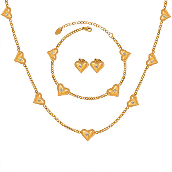 Niche fresh style zircon peach heart necklace versatile fashion bracelet personalized design earrings jewelry three-piece set 99