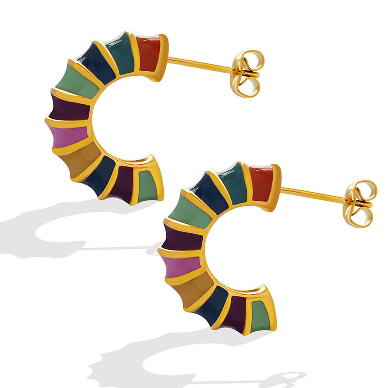 – Temperament geometric simple bamboo earrings, niche design drip rainbow C-shaped earrings multi-color stud earrings pp