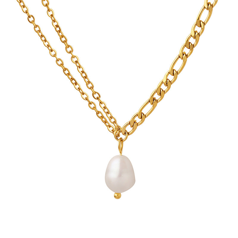Accessories Spice Girl Double Chain Freshwater Pearl Necklace Women’s Collarbone Neck Chain Titanium Steel Plated 18K Gold P832