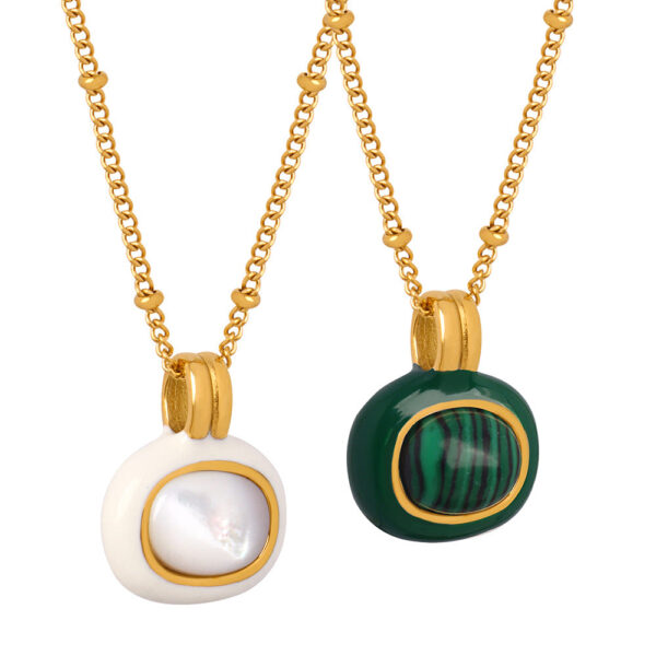 New court style retro personality titanium steel gold-plated glazed white shell malachite pendant necklace jewelry women