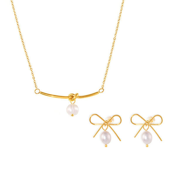 Hollow bow stud earrings, freshwater pearl rope necklace, stainless steel sweet temperament girlfriend gift set