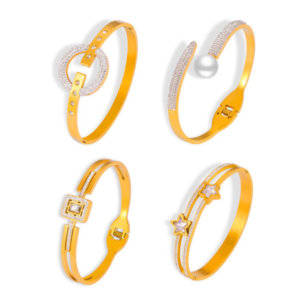 Trend fashion simple personality niche jewelry geometric multi-layer diamond design titanium steel gold-plated hollow bracelet pp