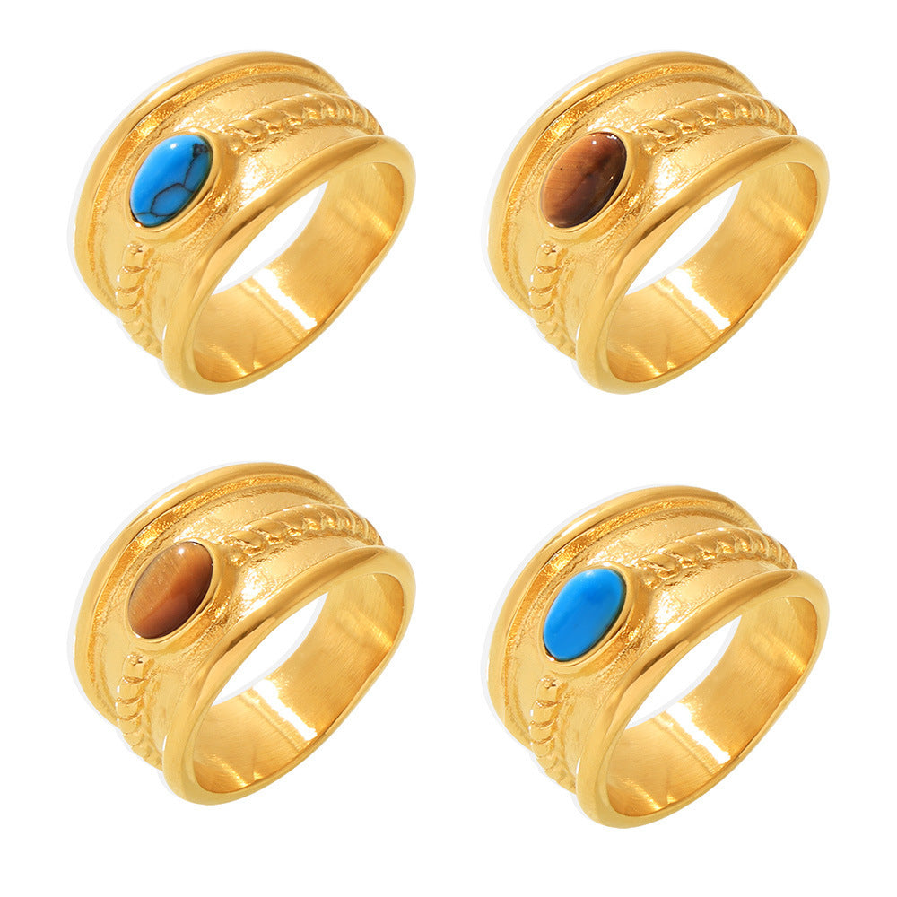 Stainless steel turquoise tiger’s eye stone twist pattern ring women’s PVD electroplated real gold color retention tail ring spot 99