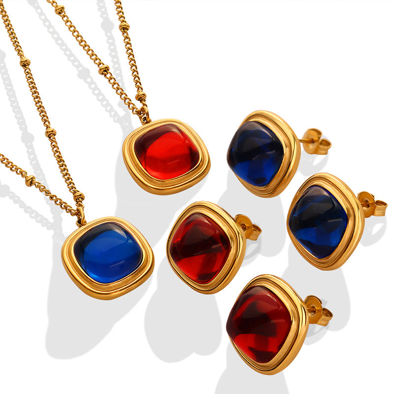 Accessories Women’s Natural Crystal Stone Square Pendant Necklace Earrings, Titanium Steel Plated 18K Gold Jewelry Set pp