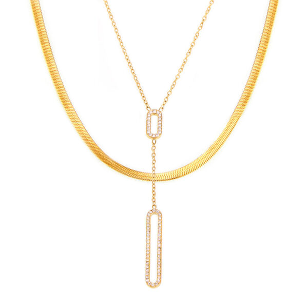 Hollow rectangle inlaid zircon double-layer clavicle necklace titanium steel plated 18K gold spot jewelry 99