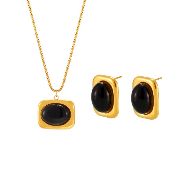 Natural black agate stud earrings ins niche design sense necklace ring fashionable titanium steel plated 18K real gold set