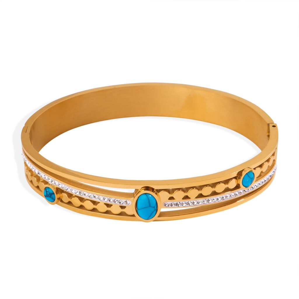 New retro court style fashion personalized hollow titanium steel gold-plated diamond-encrusted turquoise bracelet jewelry wholesale