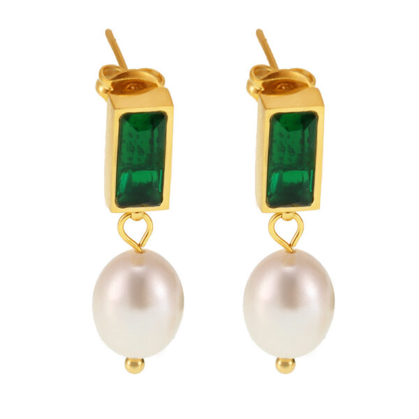 Hepburn style emerald rectangular zircon freshwater pearl earrings niche unique stud earrings factory spot