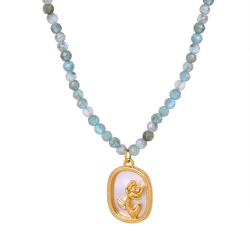 New niche simple high-end titanium steel gold-plated rose mother white shell pendant natural stone handmade beaded necklace