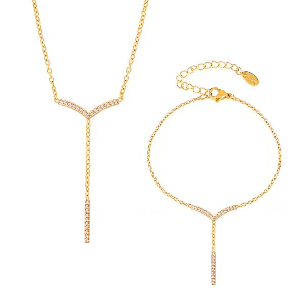 Stainless steel V-shaped tassel long strip inlaid with zircon collarbone necklace women's bracelet niche set 99