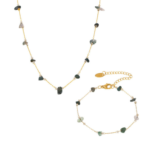 Natural crushed crystal stone grass green necklace bracelet stainless steel handmade chain jewelry set women