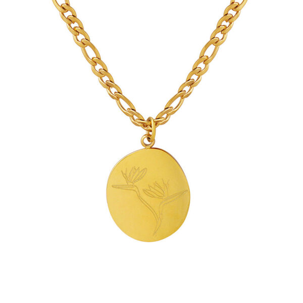 Maika does not fade Figaro chain with round brand leaf lotus engraved pendant necklace P1043