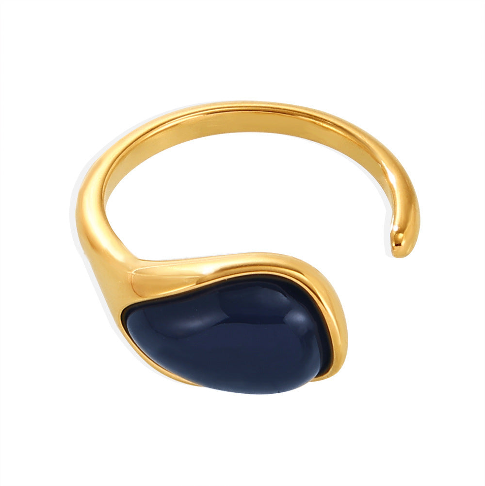 Feng Shui drop-shaped blue gold blue pine resin ring, titanium steel PVD electroplated light luxury temperament open ring