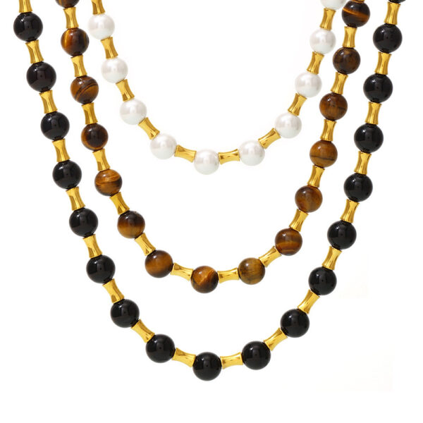 Light Luxury Natural Stone Tiger's Eye Stone Bead Necklace Stainless Steel Bamboo OT Buckle Clavicle Chain Fashion Neck Chain Jewelry