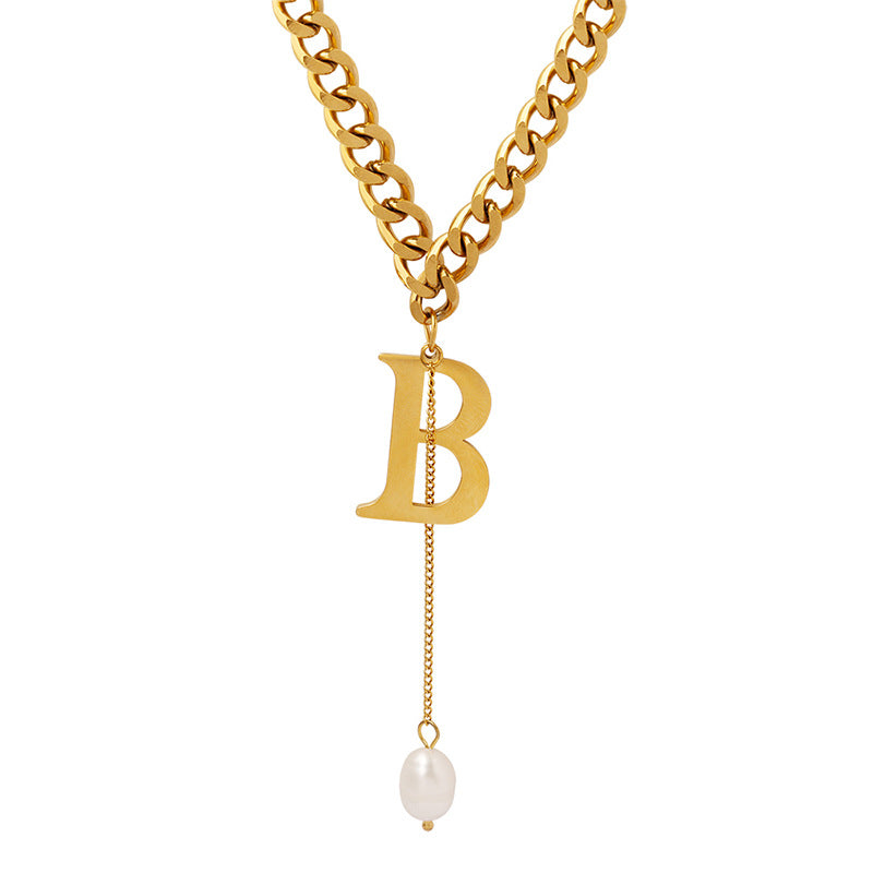 Trend Accessories Letter B Tassel Baroque Freshwater Pearl Necklace Women’s Titanium Steel Clavicle Chain P910pp