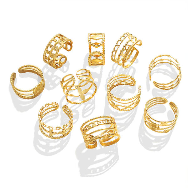 Hot Selling Open Titanium Steel Gold Plated Geometric Mix and Match Fashion Variety Ring Non-Fading Hip Hop Trend Ring
