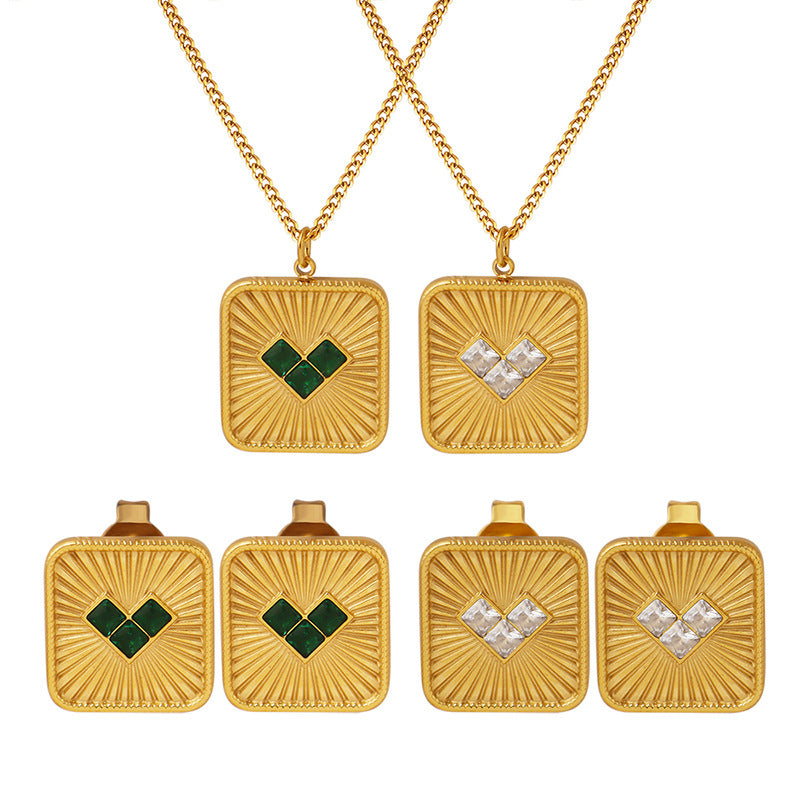 Women’s niche design titanium steel square brand heart pendant necklace personalized fashion earrings gold-plated jewelry set