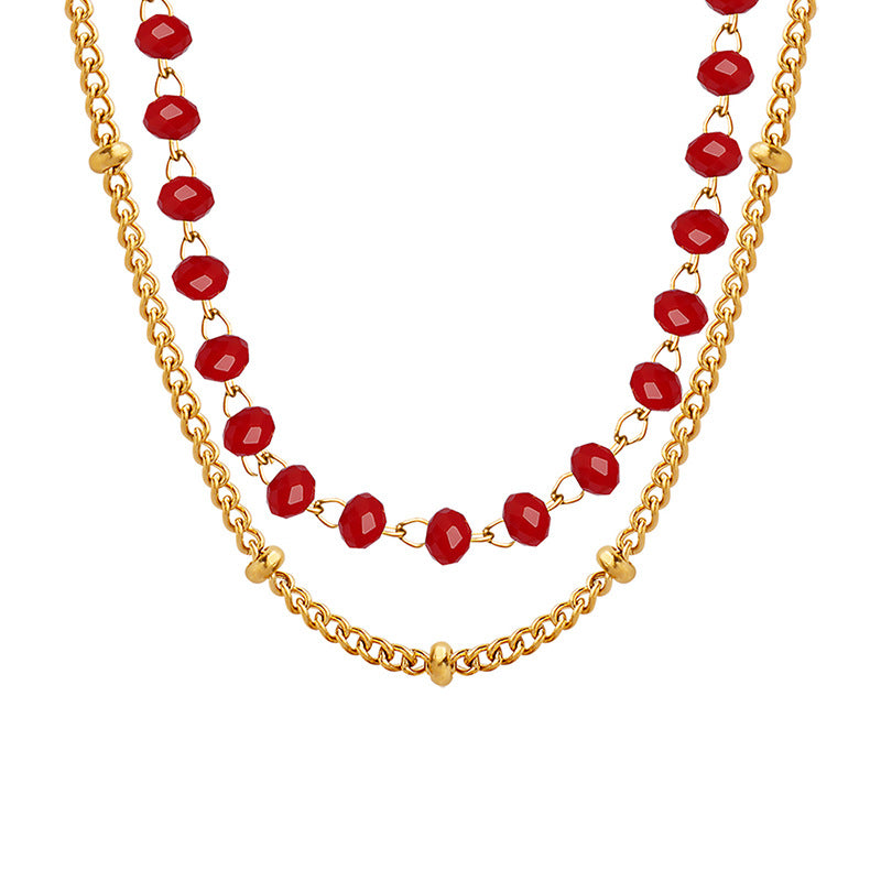 Foreign trade hot-selling fashion jewelry high-end sense does not fade versatile titanium steel necklace glass beads exquisite collarbone neck chain women