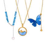 Simple personality fringed chain design sense blue pendant men’s and women’s titanium steel gold-plated jewelry set 99